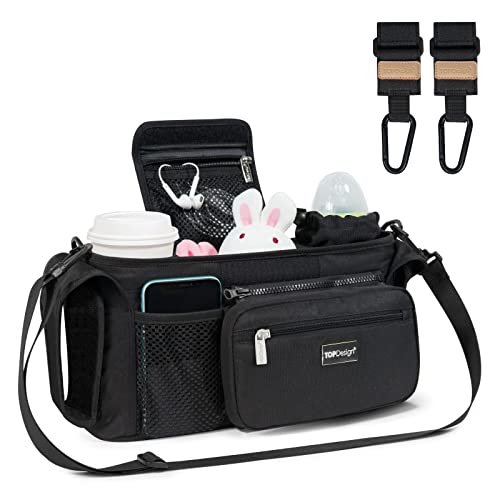 TOPDesign Universal Baby Stroller Organizer, Stroller Caddy with Heightened Insulated Cup Holders & Non-Slip Secure Hooks Accessories, Fits Most Strollers, Machine Washable (Black) - color: Black, style: Basic