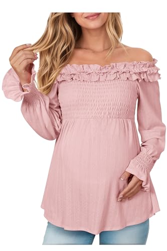OUGES Womens Cotton Blend Off The Shoulder Maternity Tops Smocked Ruffle Sleeve Blouse Going Out Pregnancy Shirts 2025 - color: Pink, size: XX-Large