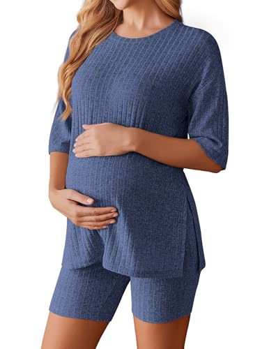 Ekouaer Maternity Sets Two Piece Outfits Ribbed Pregnancy Loungewear - color: Navy, size: Medium