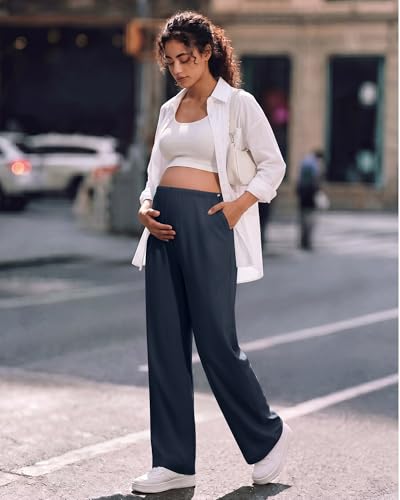 G4Free Chillwhisp Maternity Pants Lightweight with Adjustable Waisted Pregnancy Wide Leg Trousers Summer - color: Dark Navy, size: Medium