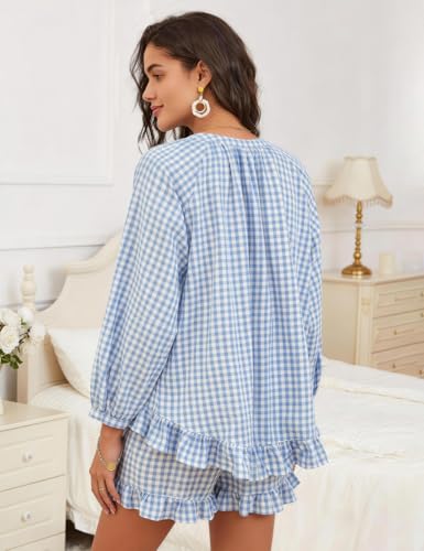 Flygo Womens Gingham 2 Piece Pajama Sets Y2K Cotton Ruffle Short Sets - color: Blue, size: Large