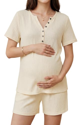 OUGES Women's 100% Soft Cotton Maternity Pajamas Sets Short Sleeve Pregnancy Postpartum 2 Piece Outfits Sleepwear - color: Off-white, size: X-Large