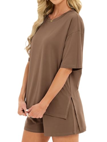Women's 2 Piece Short Sets Loose Lounge Sets Oversized Summer Matching Sets - color: Coffee, size: Medium