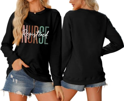 Registered Nurse Sweatshirt Women RN Nurse Life Crewneck Pullover - color: Black, size: Large