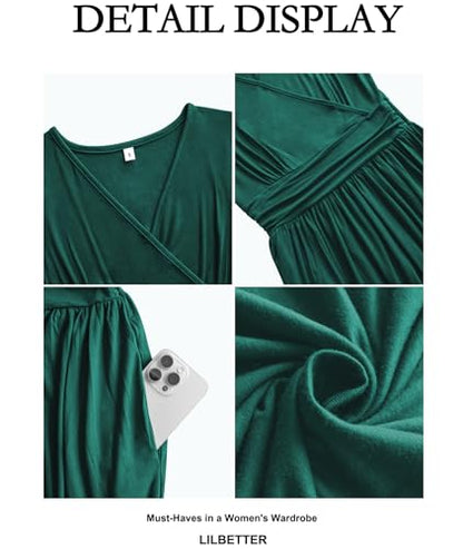 LILBETTER Women Sleeveless Deep V Neck Loose Plain Long Maxi Casual Dress - color: 01 Dark Green, size: Small