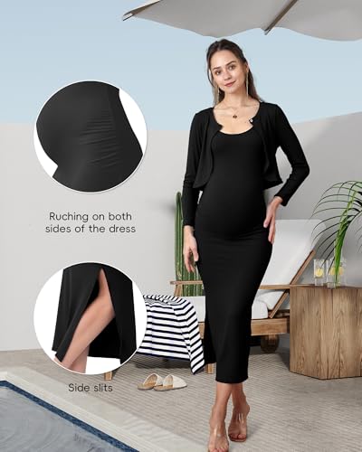 2 Piece Baby Shower Maternity Dress & Cardigan Set for Women - color: Black, size: Medium