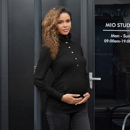 Bhome Maternity Shirt Casual Long Sleeve Half Button Front Lightweight Sweatshirts Slim Fit Pullover Tops with Pockets - color: Black, size: Medium