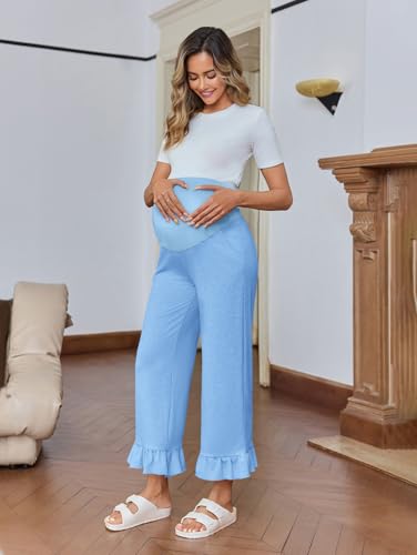 Yousify Womens Maternity Pants Ruffle Lounge Pregnancy Wide Leg Trousers - color: Blue, size: Medium