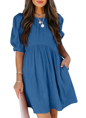Dokotoo Womens Summer Crewneck Puff Sleeve Babydoll Mini Dress - color: 1 Blue 2, size: Large