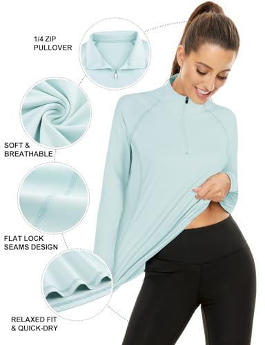 LURANEE Womens UPF 50+ Long Sleeve 1/4 Zip Pullover Athletic Hiking Running Workout Tops - color: Light Blue, size: Small