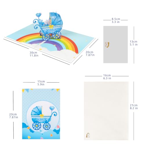 Blue Stroller New Baby Pop Up Cards, Baby Boy Card - style: Blue Rainbow Baby Carriage