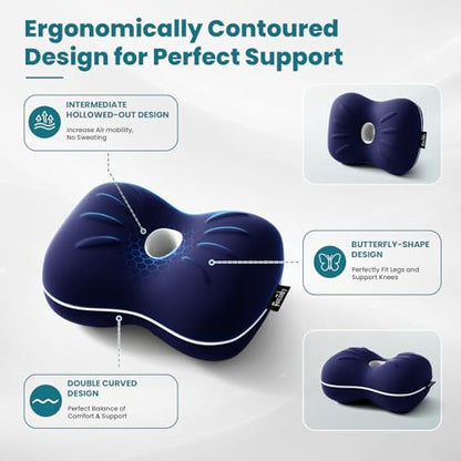 Knee Pillow for Side Sleepers - Smooth Spine Alignment Pillow, Memory Foam Knee Pillows for Back Hip Pain, Spine Aligning, Sciatica, Surgery Recovery (Blue+Grey 2 Cover, Without an Elastic Band) - color: Blue+grey 2 Cover