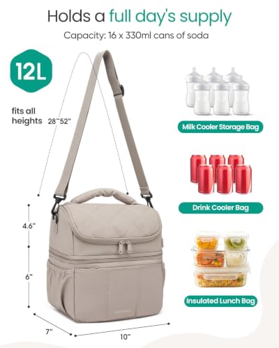 Breastmilk Cooler Bag, 12L Double Deck with Detachable Divider - color: Khaki-Line