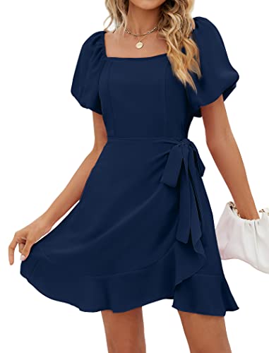 Sampeel Womens Summer Dresses Square Neck Puff Sleeve Tie Waist Short Dress - color: Blue, size: Medium