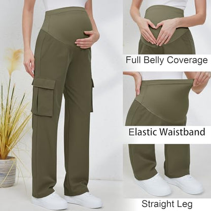 GLAMIX Women's Maternity Cargo Pants with Four Pockets Over The Belly Scrub Pants Pregnancy Clothes - color: Olive, size: X-Large