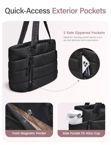 Uselike Tote Bag for Women with Zipper, Quilted Puffer Tote Bag with Compartments, Lightweight Puffy Work Bags for Women - color: Black