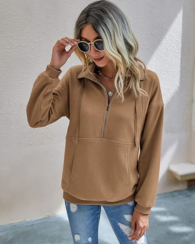PRETTYGARDEN Women's Casual Long Sleeve Sweatshirt Half Zip Pullover Tops - color: Coffee, size: Large
