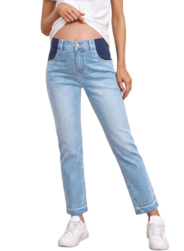 BLENCOT Women Maternity Pants High Waisted Straight Leg Ankle Jeans - color: Beau Blue, size: Small