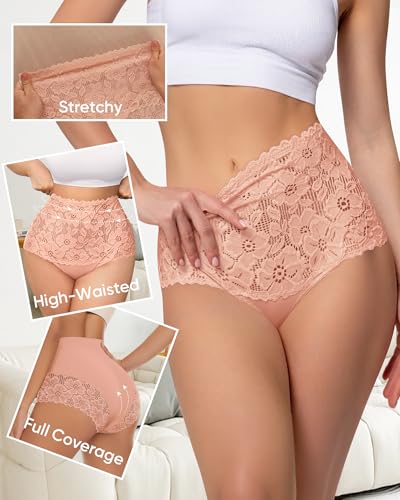 Women's High Waisted Underwear Lace Panties Full Coverage 4 Pack - color: Multicolor, size: Large