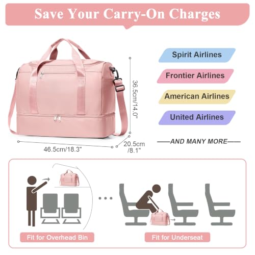Travel Duffel Bag,Carry-On Overnight Weekender Bags with Shoes Compartment - color: Pink, size: Small