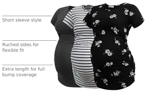 Smallshow Women's Side Ruched Tunic Maternity Shirts 3 Packs - color: Deep Grey-svp121-white Stripe(3 Pack), size: Medium