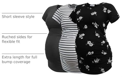 Smallshow Women's Side Ruched Tunic Maternity Shirts 3 Packs - color: Deep Grey-svp121-white Stripe(3 Pack), size: Medium