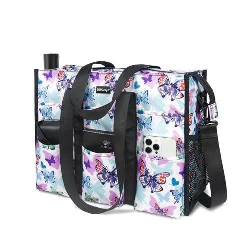 TOPDesign Utility Water Resistant Tote Bag with 22 Pockets, Zipper Closure - color: Butterfly, size: Large