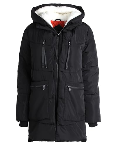 Steve Madden Womens Winter Jacket, Midlength Puffer Parka Coat, Sherpa Hood - color: Black, size: 1X