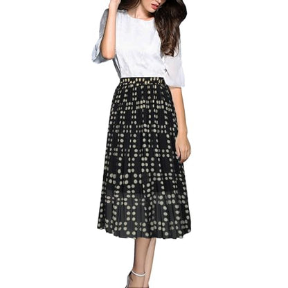 OBBUE Women's Chiffon Pleated Skirt A-line Skirts - color: Black Dot, size: X-Large