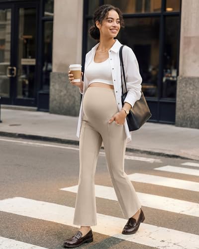 G4Free EverGoing Maternity Work Pants Pregnancy Ankle Flare Leg with Pocket - color: Light Khaki, size: X-Small