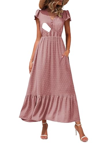 CzzzyL Women Nursing Dresses Cap Short Sleeve V Neck Swiss Dot with Pockets - color: S-pink, size: Medium
