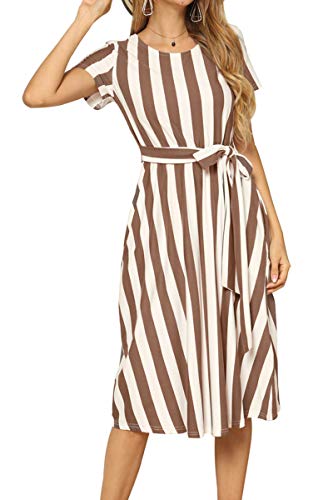 levaca Women's Short Sleeve Striped Casual Flowy Midi Belt Dress with Pockets - size: X-Large