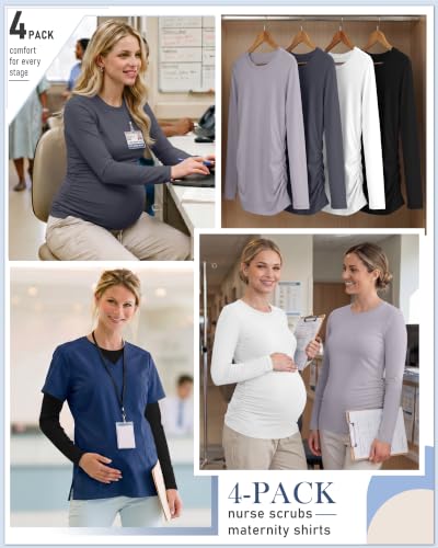 Locoowai 4 Pack Long Sleeve Maternity Underscrub Tops for Nurses - color: Black, White, Dark Gray, Light Gray, size: Medium