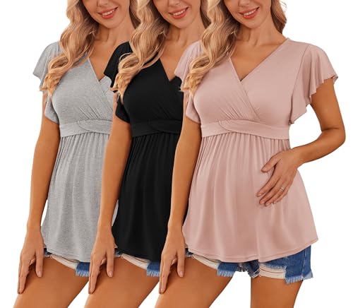 Ekouaer Maternity Shirts 3 Packs Nursing Tops Pregnancy Clothes - color: Light Grey + Black + Pink(3pcs), size: Medium