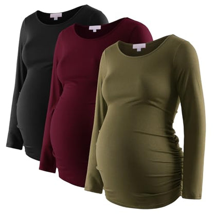 Bhome Women's Maternity Shirts 3 Packs Long Sleeve Pregnancy Tops Basic Side Ruched Tunic Blouse - color: Black/Burgundy/Olive Green, size: Large