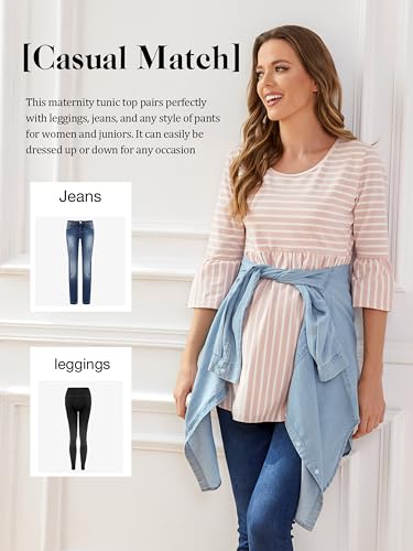 Ecavus Women's Maternity Shirt Striped Peplum 3/4 Sleeve Maternity Top - color: 02-pink White Stripe, size: X-Large