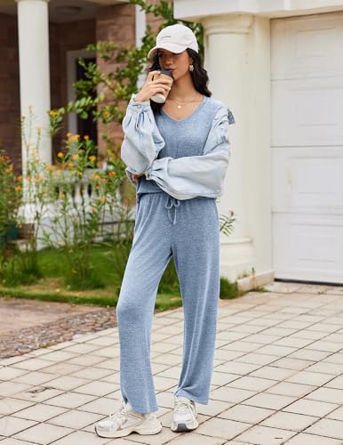 Ekouaer Fall Pajamas for Women Set Long Sleeve V Neck 2 Piece Lounge Sets - color: Light Blue, size: Small