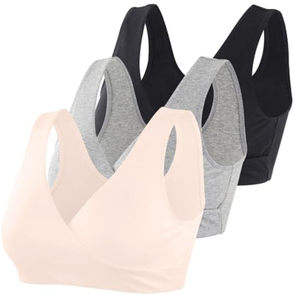 Women's Cotton Wireless Sleep Bra for Nursing and Maternity - color: Black+grey+ Apricot, size: Medium