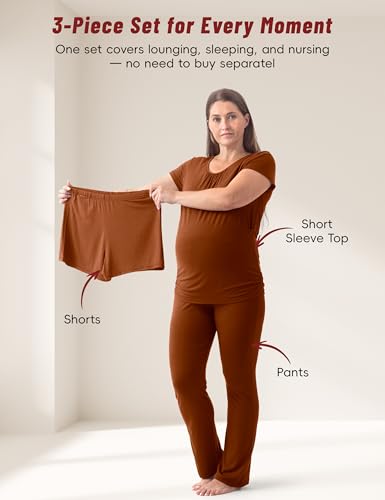SUNNYBUY Womens Maternity Nursing Pajamas Set 3 Piece Breastfeeding PJS - color: Brown, size: Large