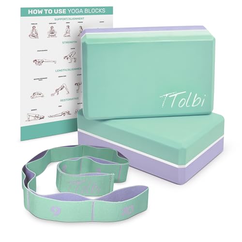 Yoga Blocks 2 Pack with Strap and Guide – Soft Non-Slip EVA Foam Blocks - color: Mint/Purple & Stretch Band Mint