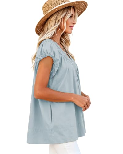 Senllen Womens V Neck Babydoll Tops Puff Short Sleeve Flowy Tunic Shirts - color: Pastel Blue, size: Medium