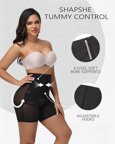 SHAPSHE High Waist Tummy Control Shapewear Shorts with Front Hooks - color: Black, size: XX-Large