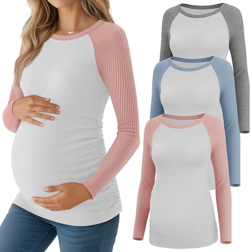 Neer 3 Pack Maternity Long Sleeve Shirts Ribbed Pregnancy Tops - color: Light Heather Gray, Blue, Pink, size: Large