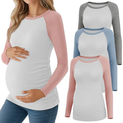 Neer 3 Pack Maternity Long Sleeve Shirts Ribbed Pregnancy Tops - color: Light Heather Gray, Blue, Pink, size: Large
