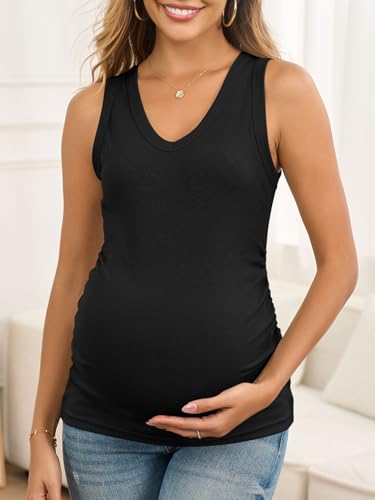 FMEYOA Maternity Tank Tops V Neck Ribbed Knit Sleeveless Maternity Shirts - color: Black, size: Small