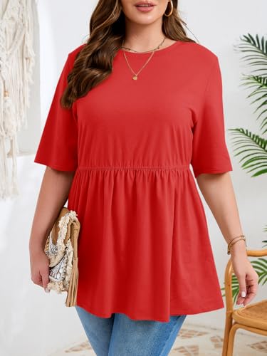 Beautife Womens Plus Size Babydoll Tops Summer Peplum Flowy Tunic Blouses - color: Red, size: 3X-Large Plus