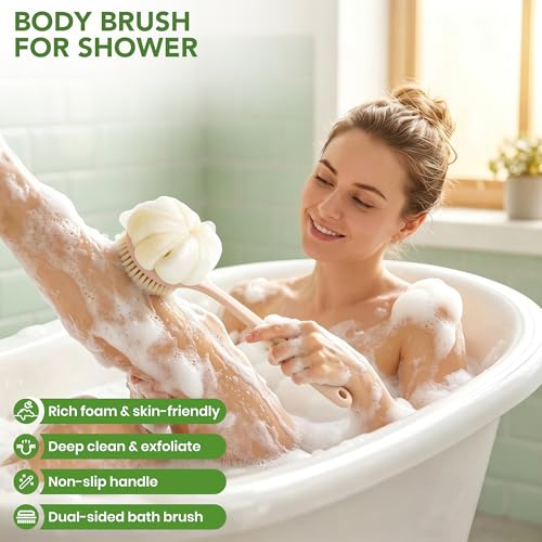 Back Scrubber for Shower, 15.7" Loofah with Handle Body Brush, Pink - color: Pink