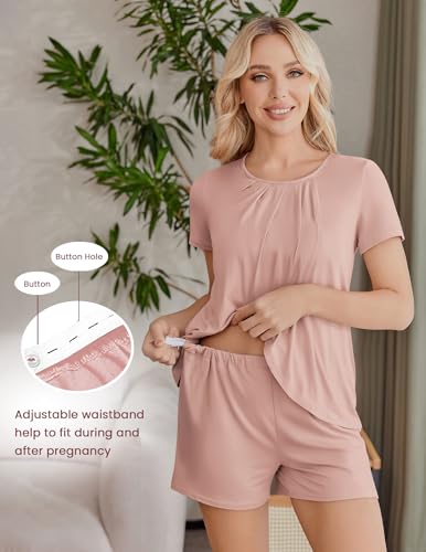 Ekouaer Women's Maternity Nursing Pajamas Set Breastfeeding Sleepwear Pjs - color: A-pink, size: Medium