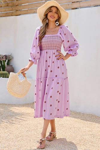 R.Vivimos Women's Cotton Floral Embroidered Boho Midi Dress with Pockets - color: Lightpurple, size: Medium