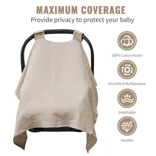 Metplus Muslin Car Seat Cover for Babies, 100% Cotton Infant Carseat Canopy - color: Cereal